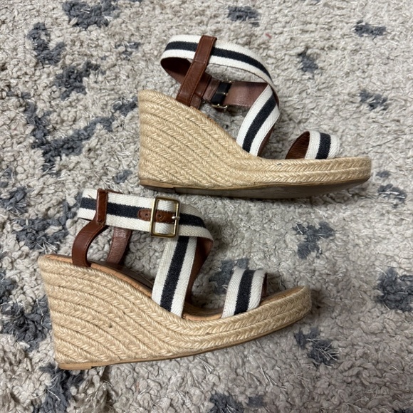 Weekend MaxMara Striped Black White Canvas Leather Espadrille Wedge Sandals 37 - Picture 6 of 8